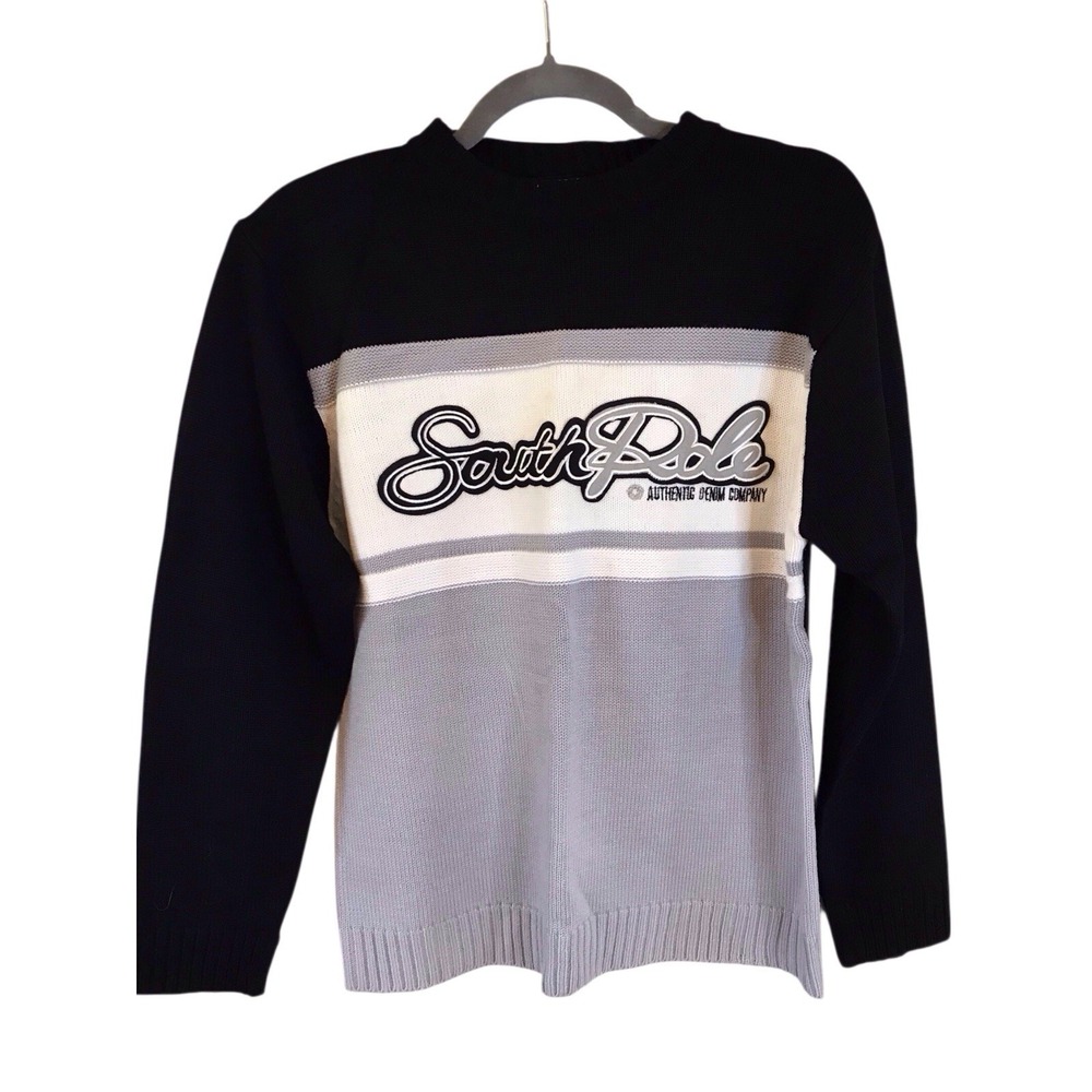 NWT‎ VTG Southpole Men's Crewneck Knit Black Gray Sweater Embroidered Sz M Y2K